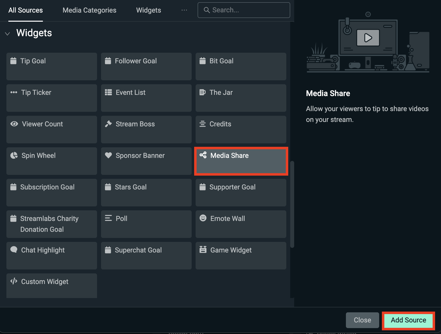 streamlabs media share widget  add source streamlabs desktop